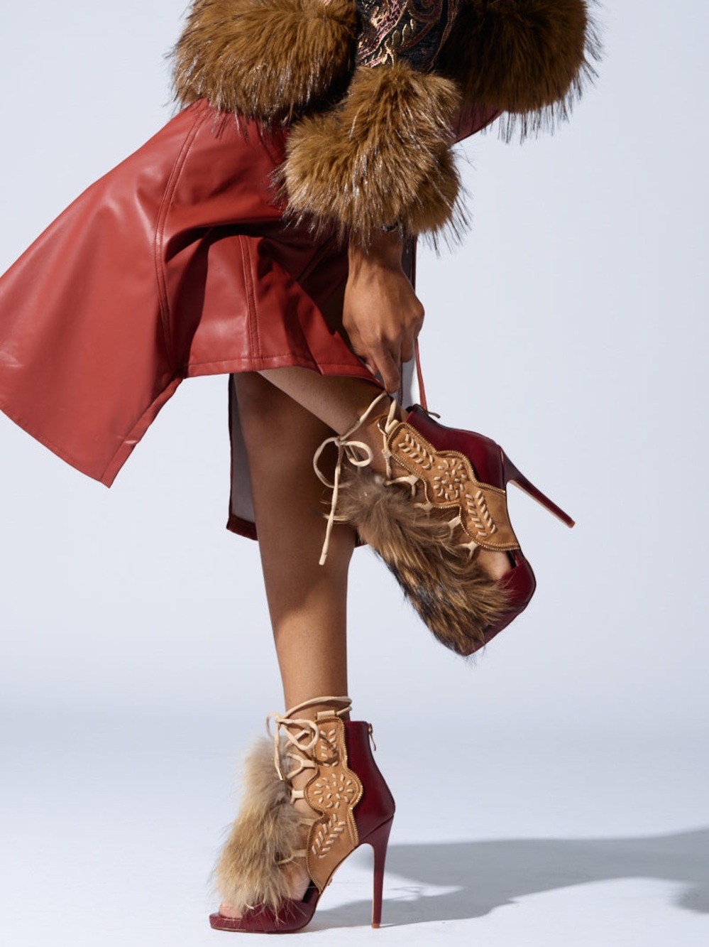 AKIRA Red and Tan Fur-Trim Lace-Up Stiletto Booties